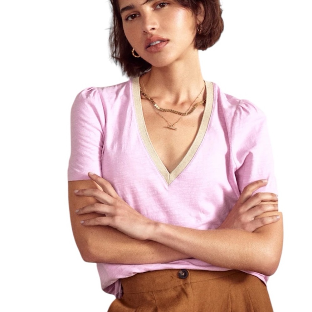 NWT Boden Pink V Neck Cotton T-Shirt Sz 14 Puff Shoulder Preppy XL Classic